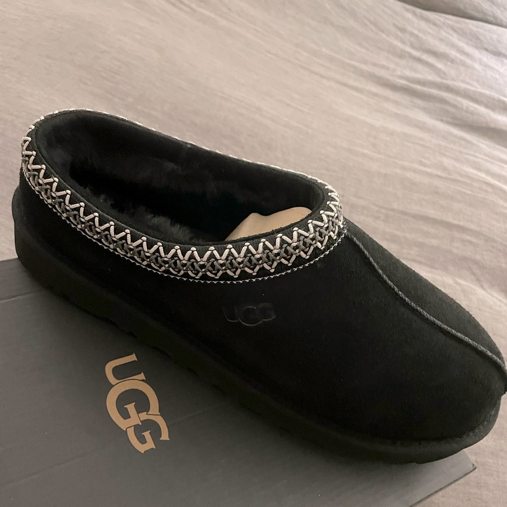 Ugg Mens Tasman Black Suede Sheepskin Slip On Sheepskin Slippers Shoes NWT
